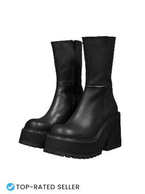 Chunky Goth Platform Ankle Boots Women Faux Leather Square Toe Lace Up
